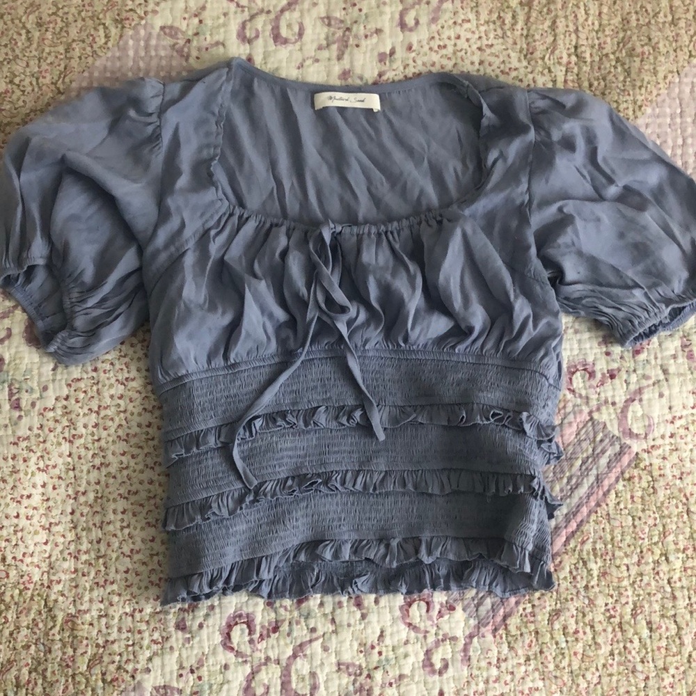 blue cottage core reformation style vintage style top